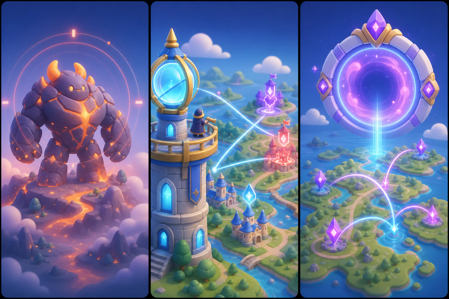 Three original fantasy scenes representing titan alerts, player monitoring, and realm transfers